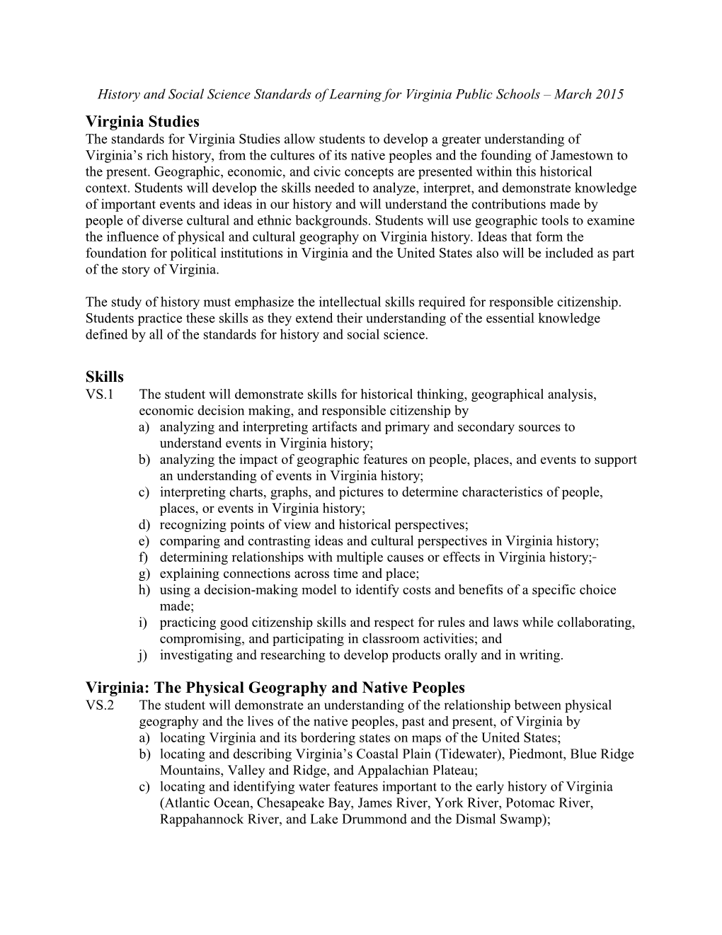 History and Social Science Standards of Learning for Virginia Public Schools March 2015