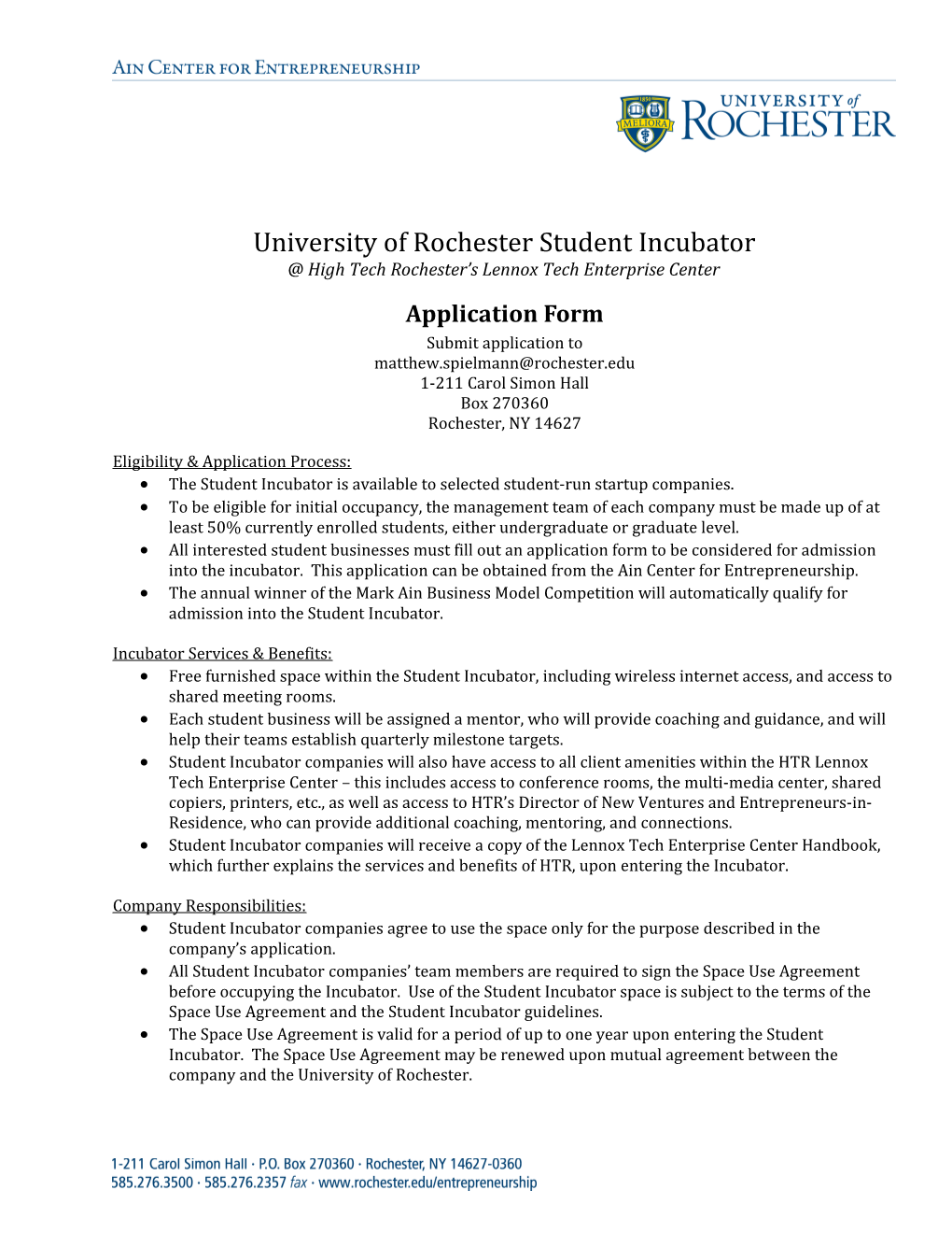 University of Rochester Student Incubator