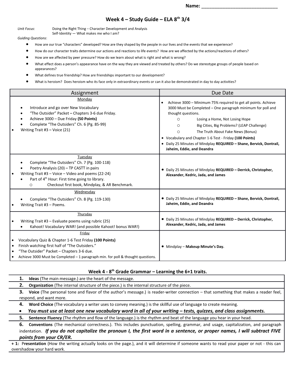 Week 4 Study Guide ELA 8Th 3/4