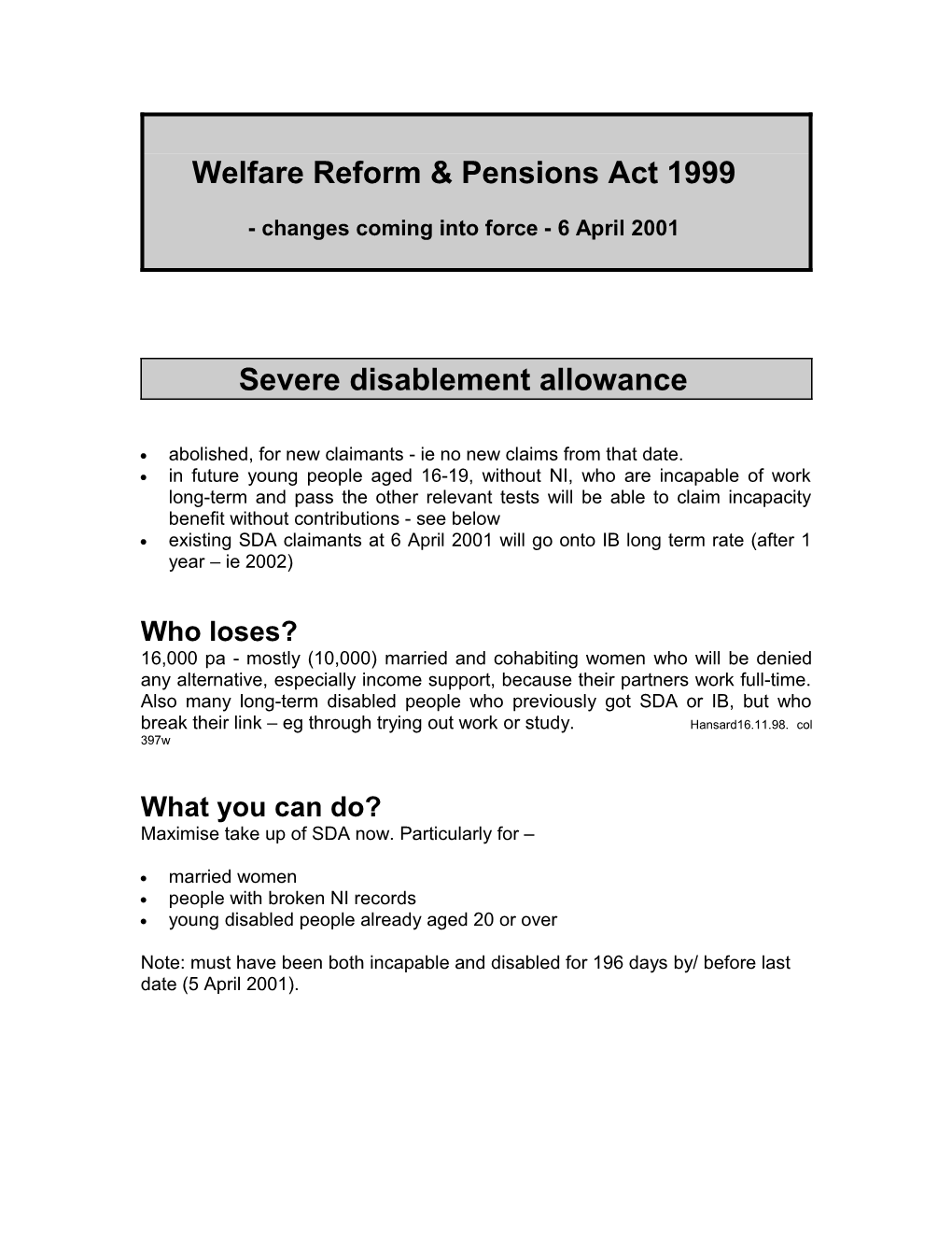 Welfare Reform & Pensions Act 1999