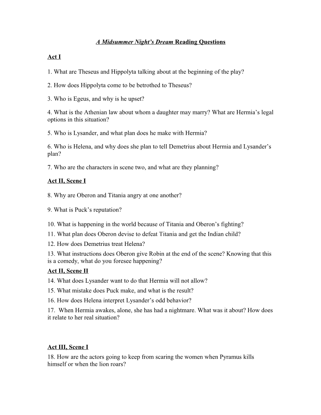 A Midsummer Night S Dream Reading Questions