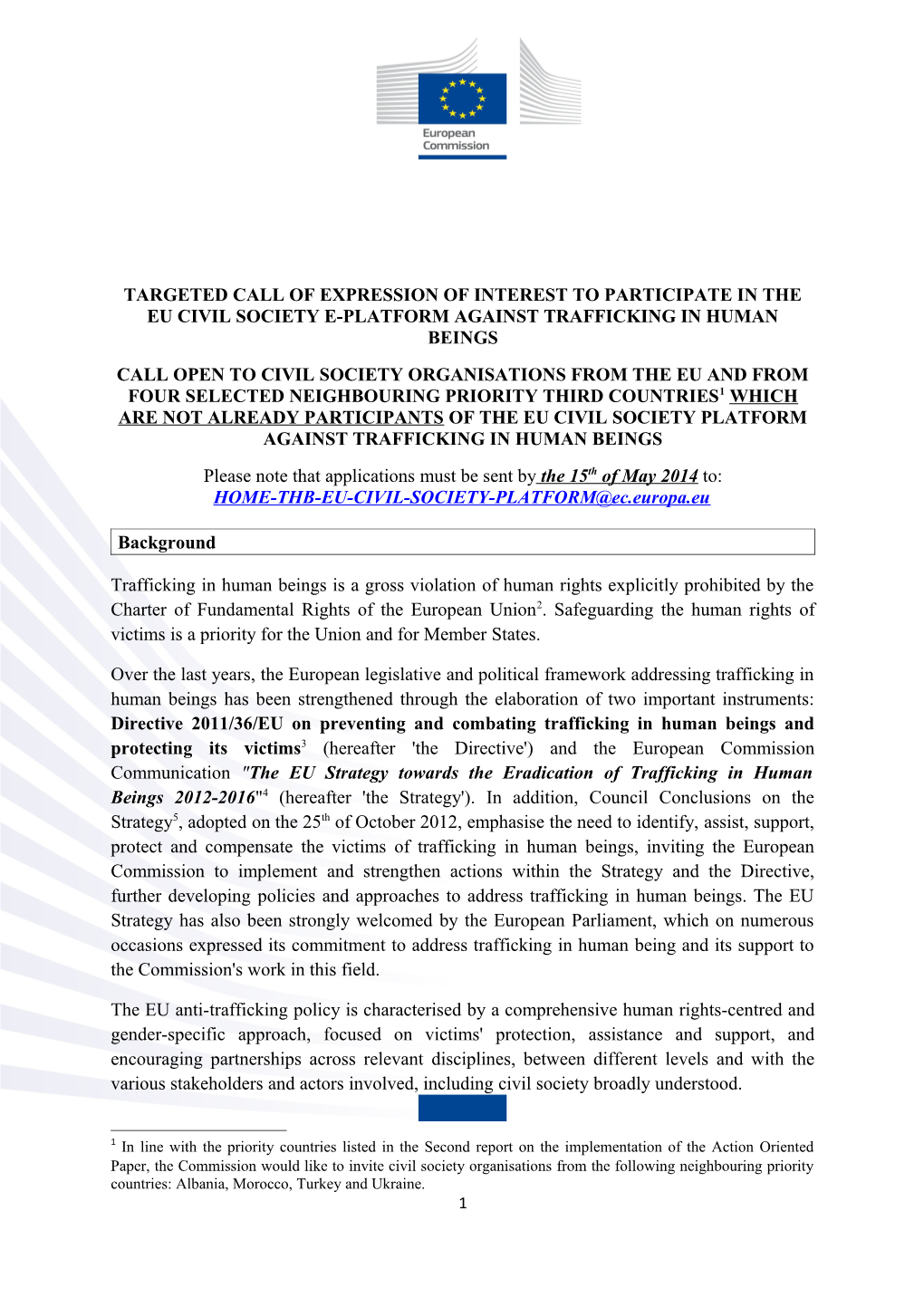Targeted Call of Expression of Interest to Participate in the Eu Civil Society E-Platform