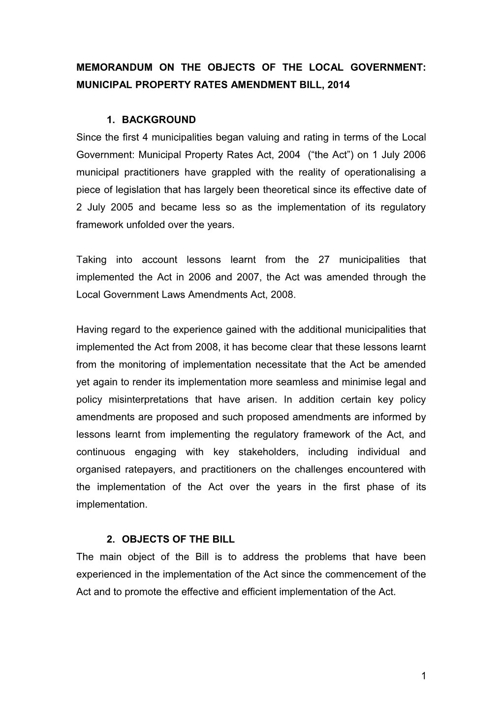 Memorandum on the Object of the Local Government: Municipal Property Rates Amendment Bill