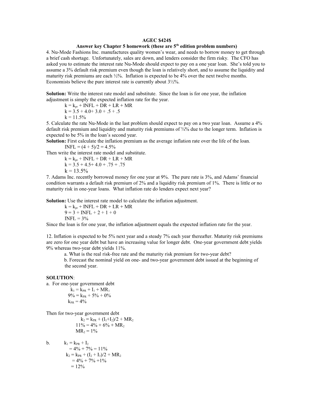 Answer Key Chapter 5 Homework (These Are 5Th Edition Problem Numbers)