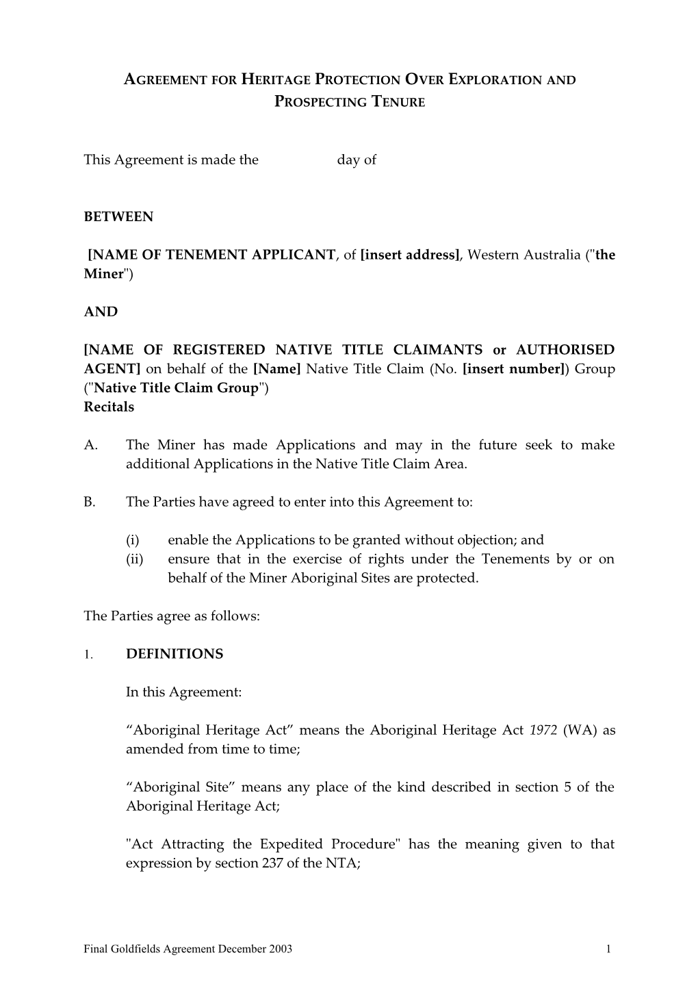 Draft Agreement for Heritage Protection Surveys in the Goldfields