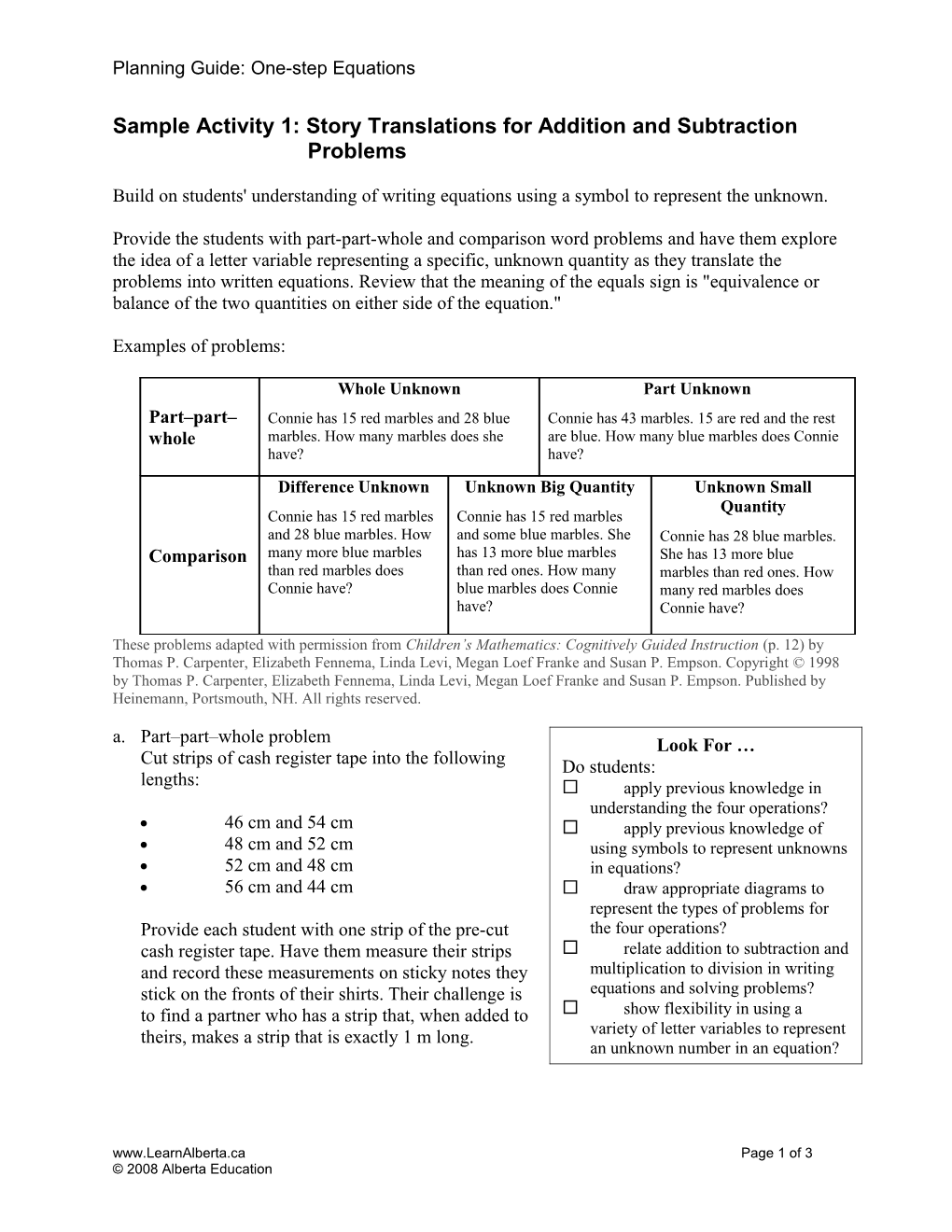 Sample Activity 1: Story Translations for Addition and Subtraction Problems