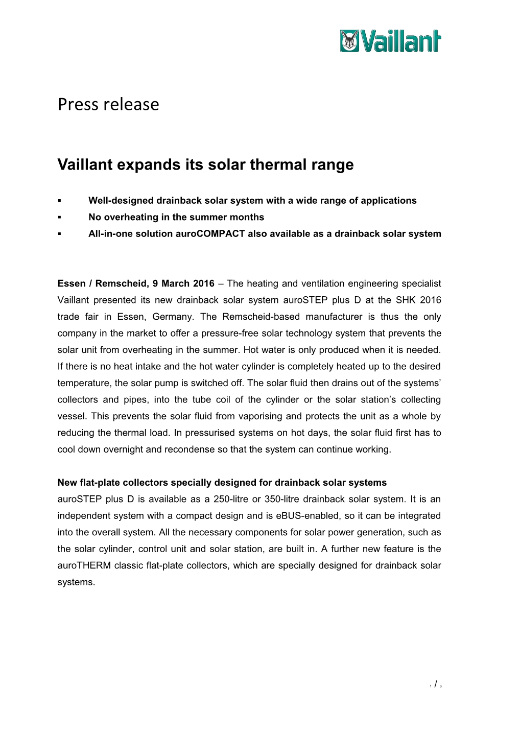 Vaillant Expands Its Solar Thermal Range