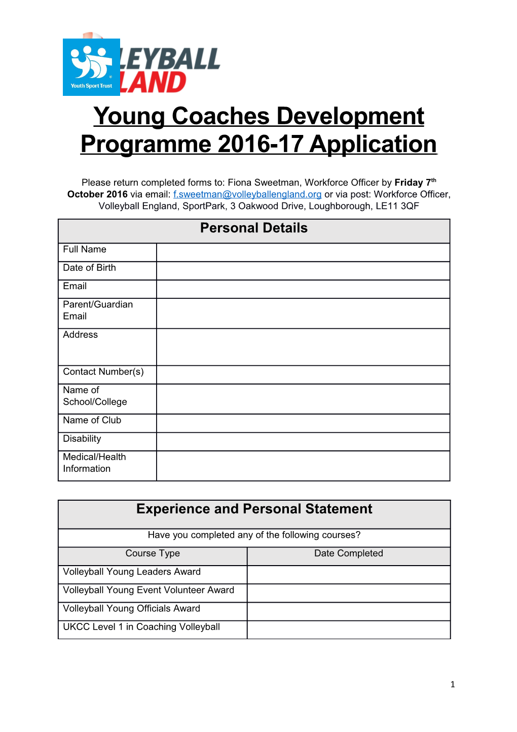 Young Coaches Development Programme 2016-17 Application