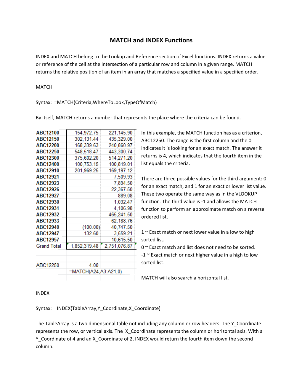 MATCH and INDEX Functions