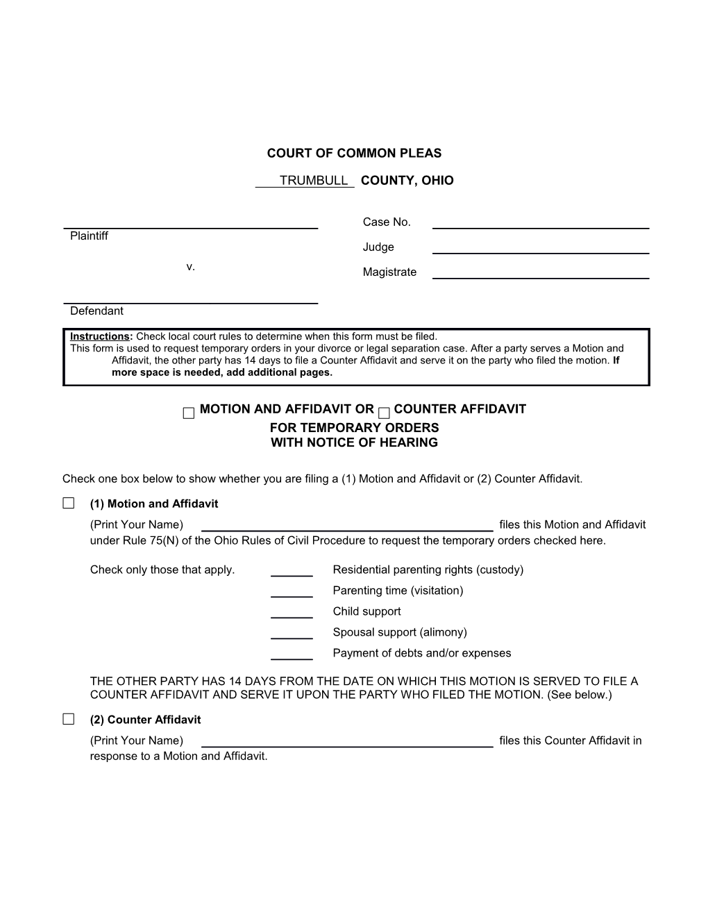 Instructions: Check Local Court Rules to Determine When This Form Must Be Filed