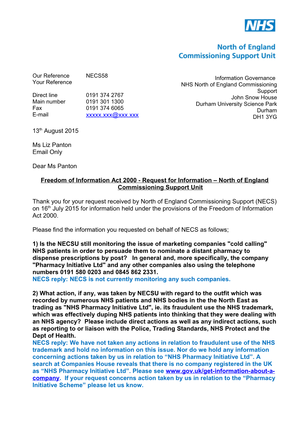 Freedom of Information Act 2000 - Request for Information North of England Commissioning