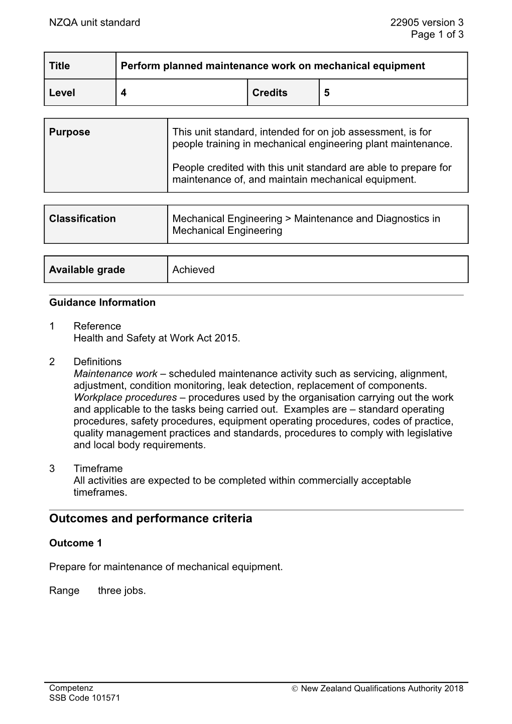 22905 Perform Planned Maintenance Work on Mechanical Equipment