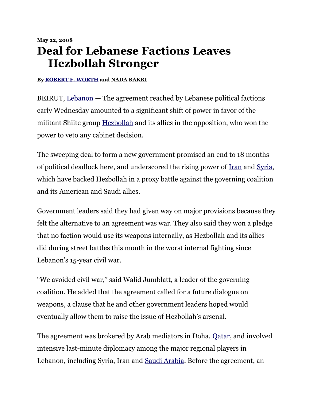 Deal for Lebanese Factions Leaves Hezbollah Stronger