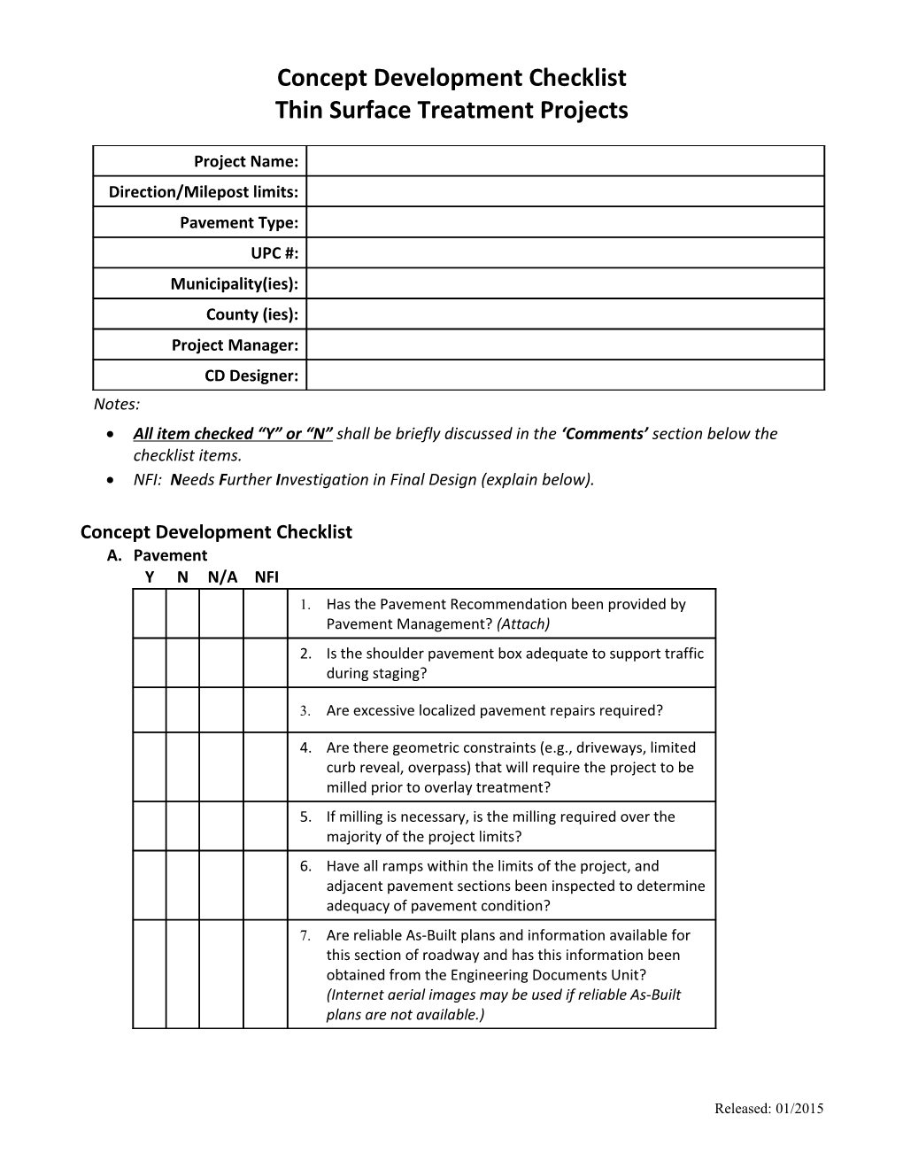 Limited Scope Concept Development Thin Surface Treatment Checklist