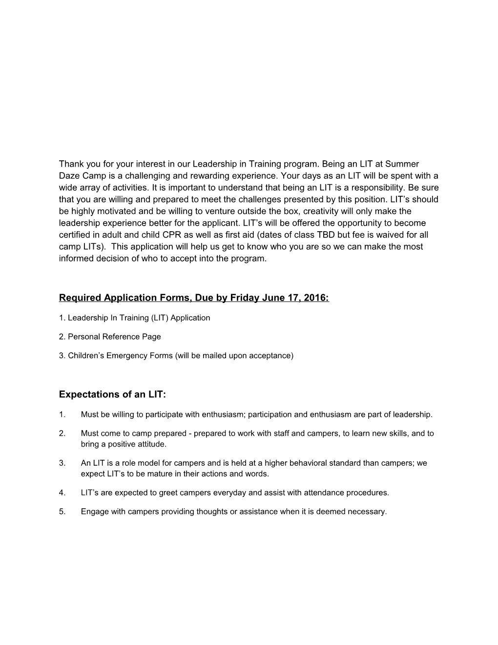 Required Application Forms, Due by Friday June 17, 2016