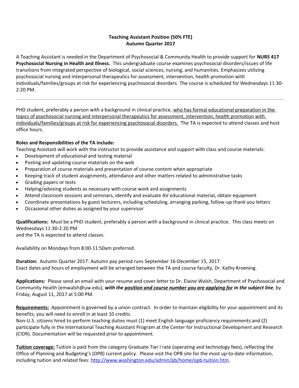 Teaching Assistant Position (50%FTE)