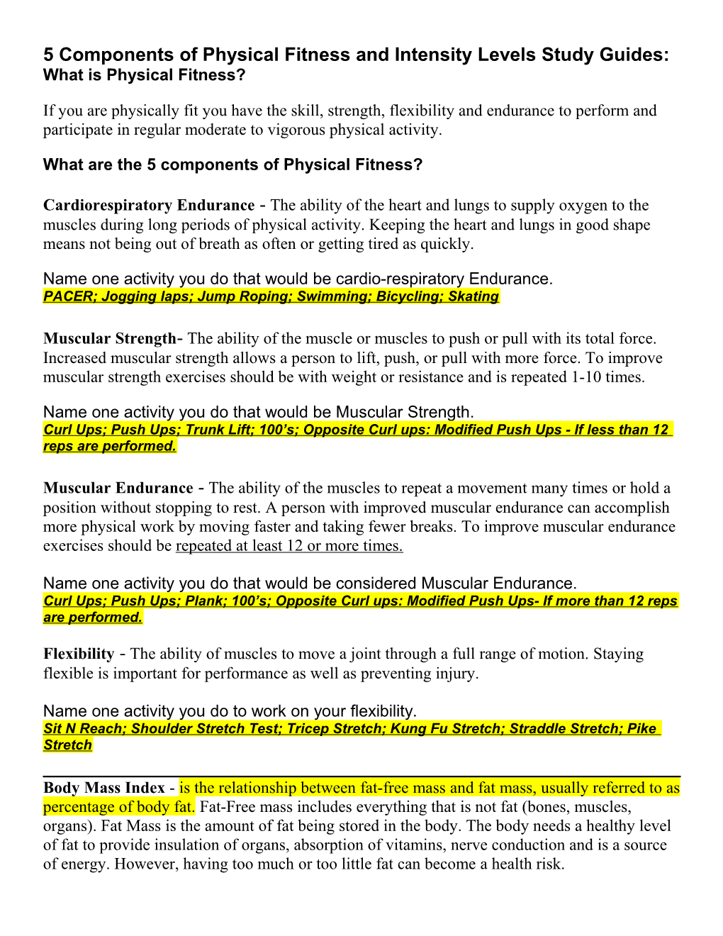 5 Components of Physical Fitness and Intensity Levels Study Guides