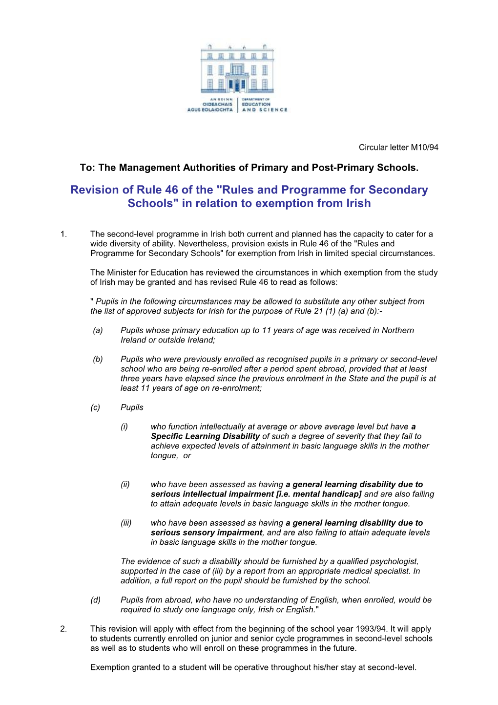Post Primary Circular M10/94 Revision of Rule 46 of the Rules and Programme for Secondary