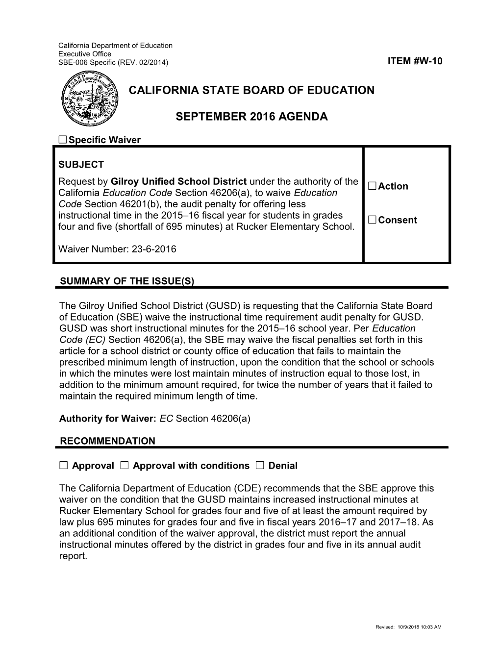 September 2016 Waiver Item W-10 - Meeting Agendas (CA State Board of Education)