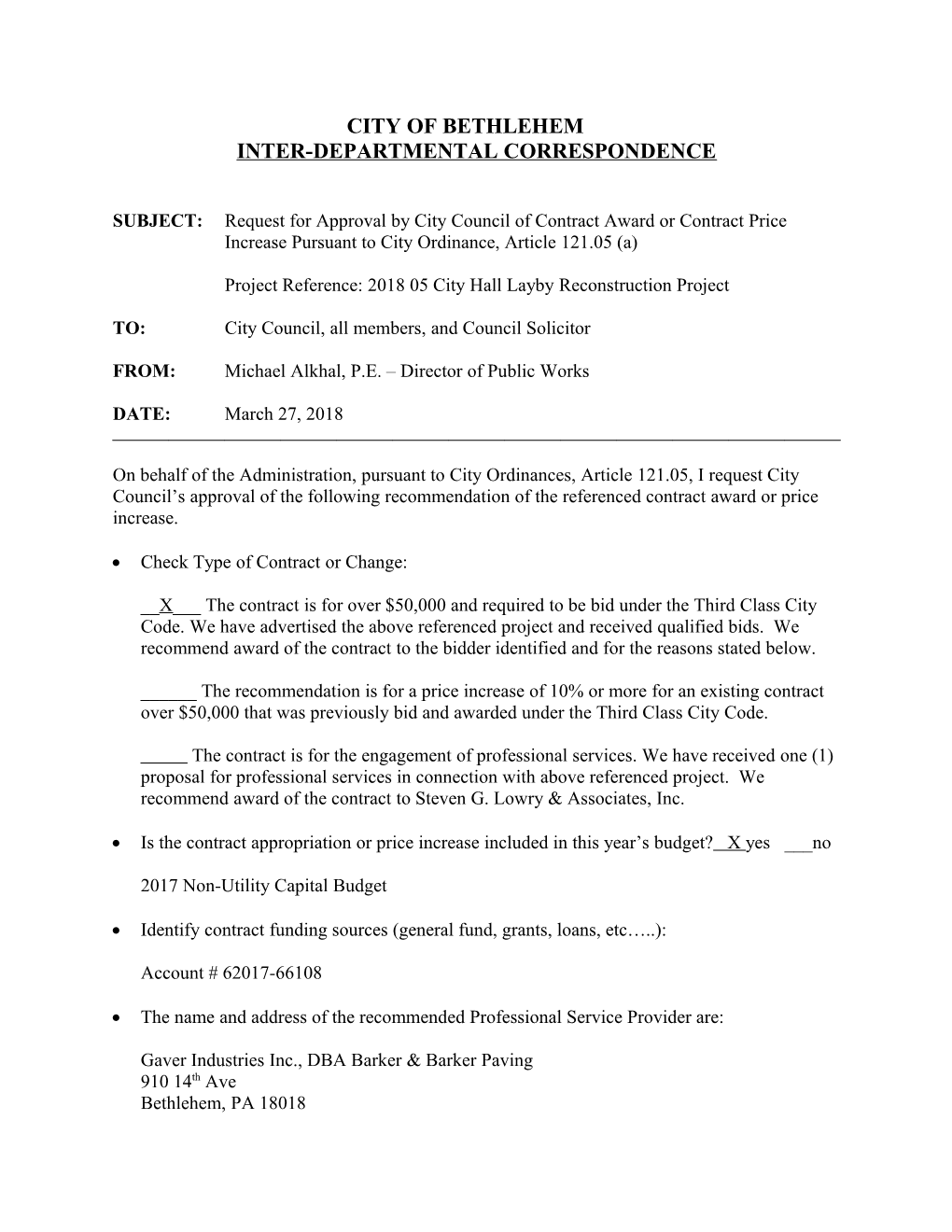 Blank City Council Contract Approval Form