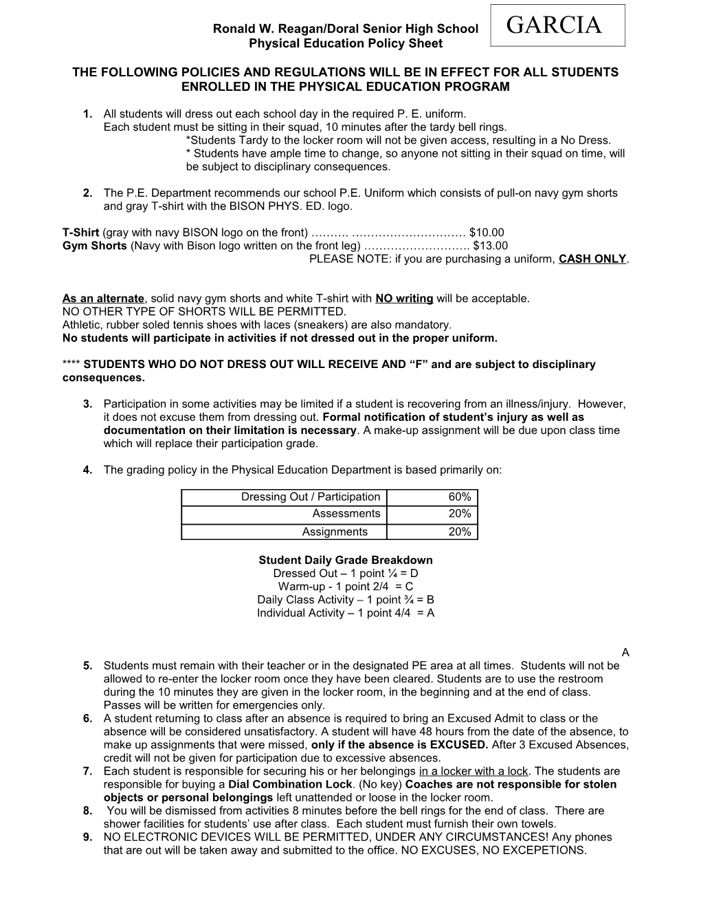 Physical Education Policy Sheet