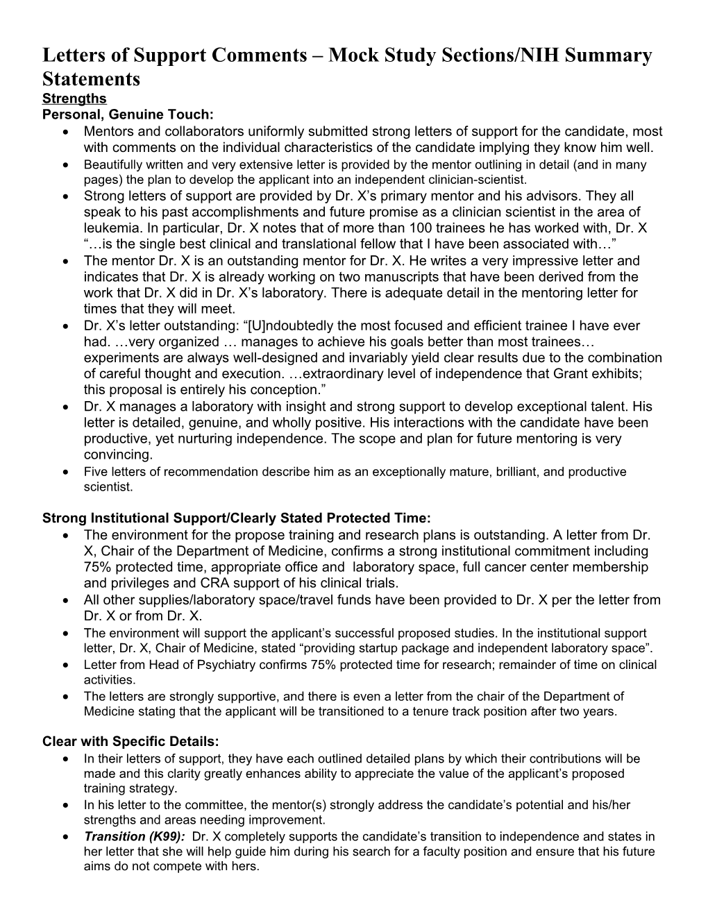 Letters of Support Comments Mock Study Sections/NIH Summary Statements