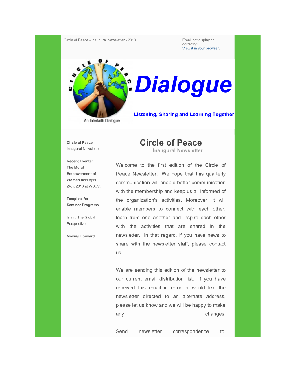 Circle of Peaceinaugural Newsletter