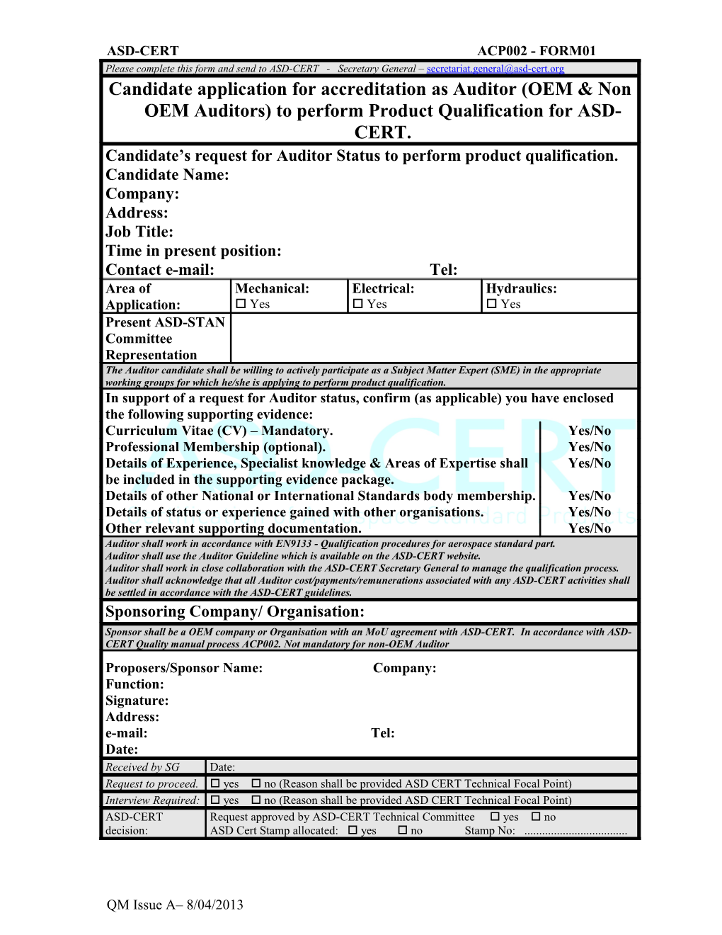 Candidate Application for Accreditation As Auditor (OEM & Non OEM Auditors) to Perform