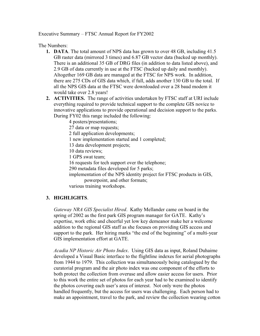 Executive Summary FTSC Annual Report for FY2002