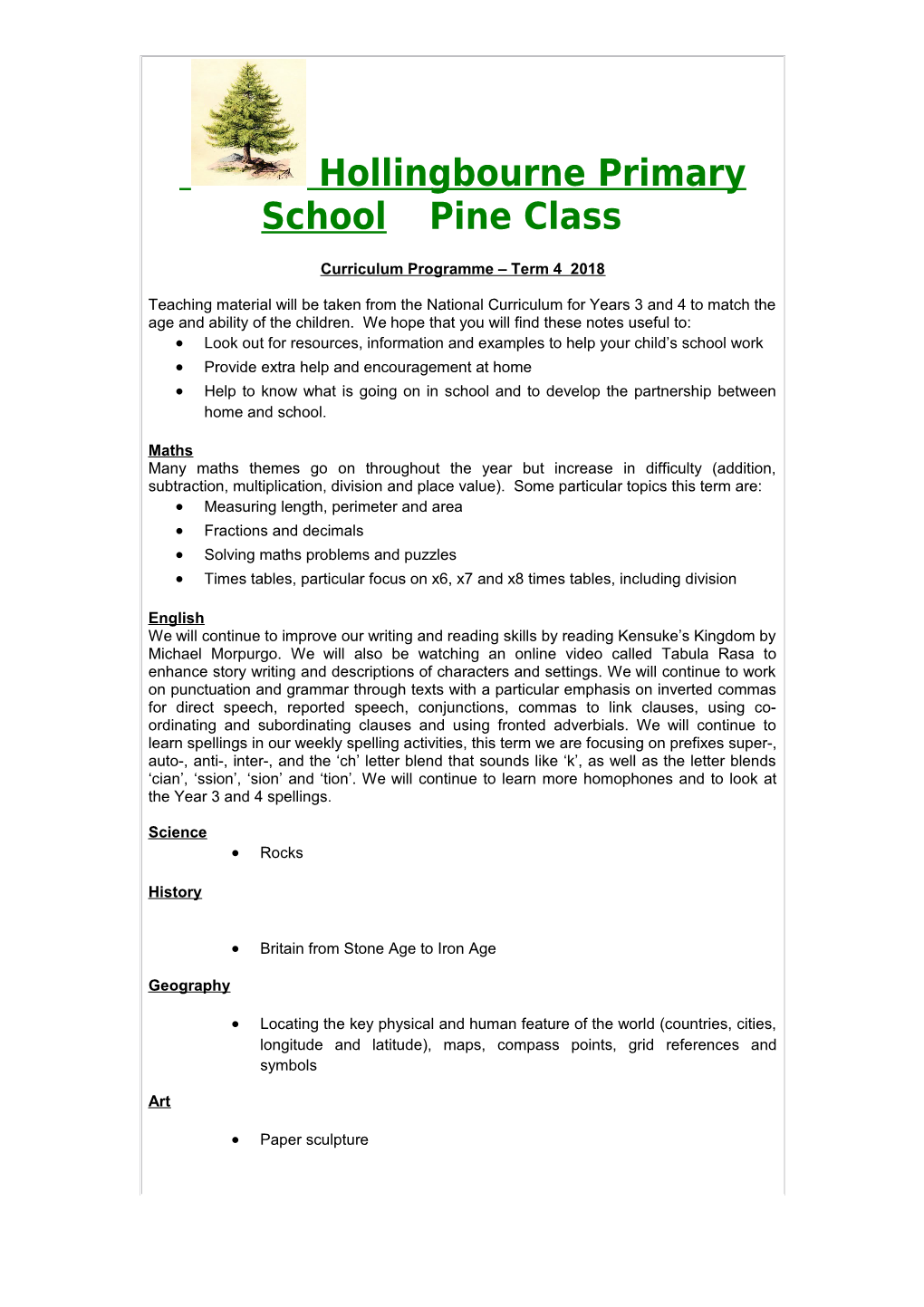 Curriculum Programme Term 4 2018