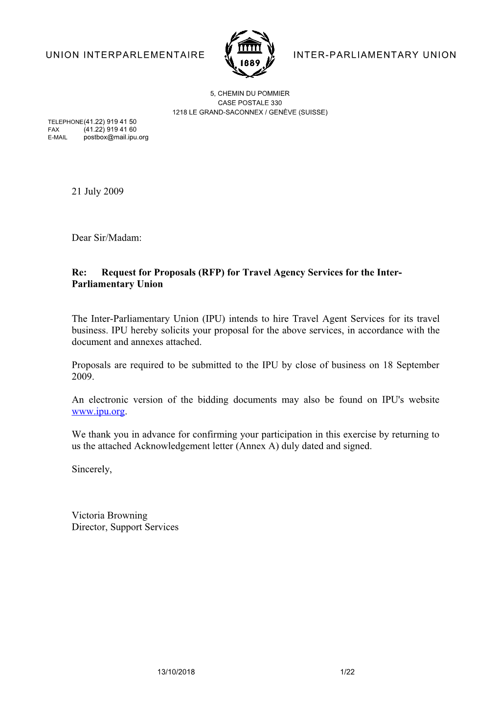 Re:Request for Proposals (RFP) for Travel Agency Services for the Inter-Parliamentary Union