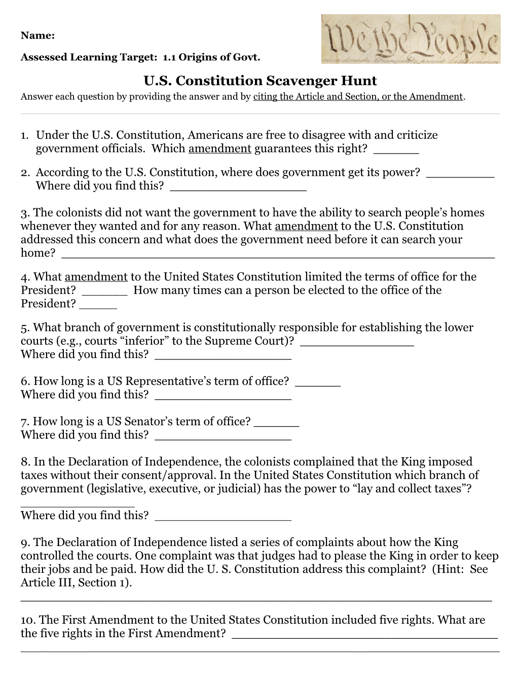 Assessed Learning Target: 1.1 Origins of Govt