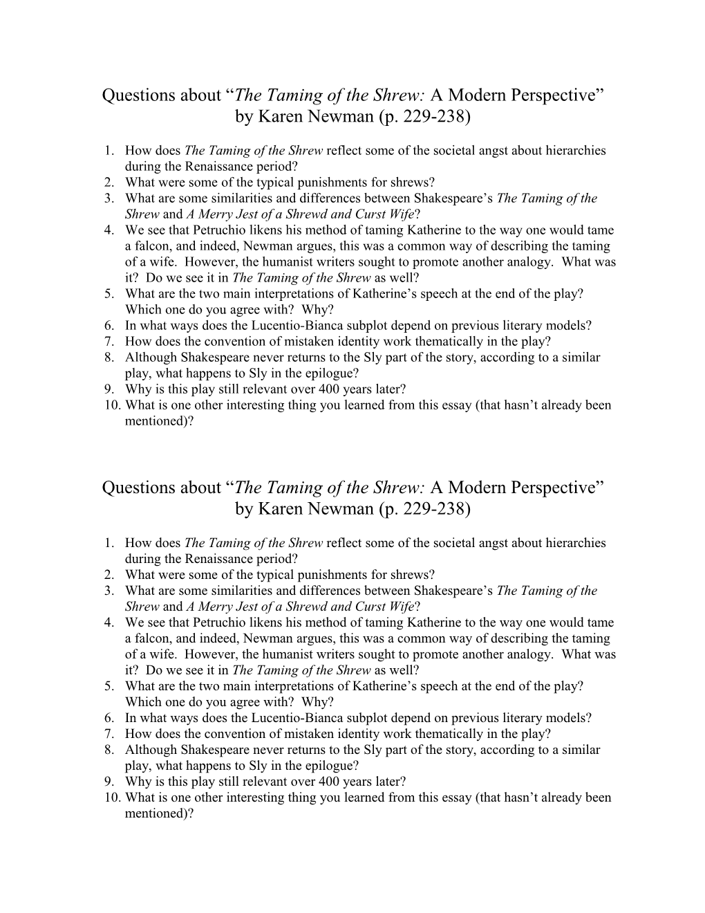 Questions About the Taming of the Shrew: a Modern Perspective by Karen Newman (P