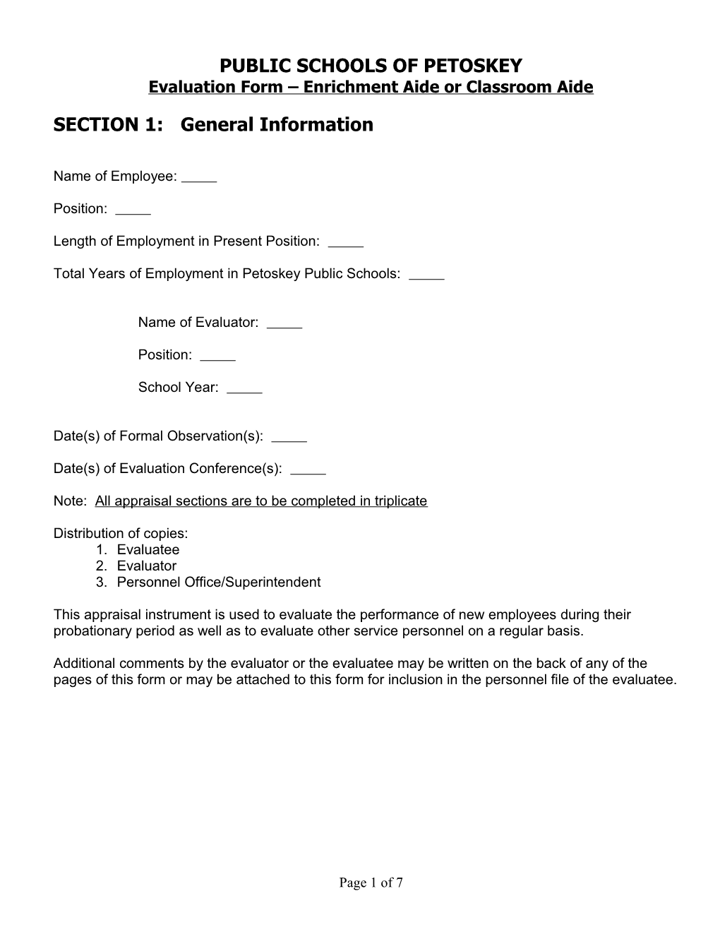 Evaluation Form Enrichment Aide Or Classroom Aide