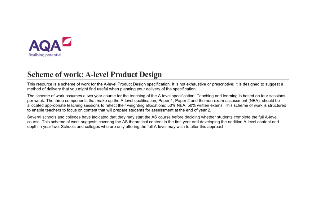 Scheme of Work: A-Levelproduct Design