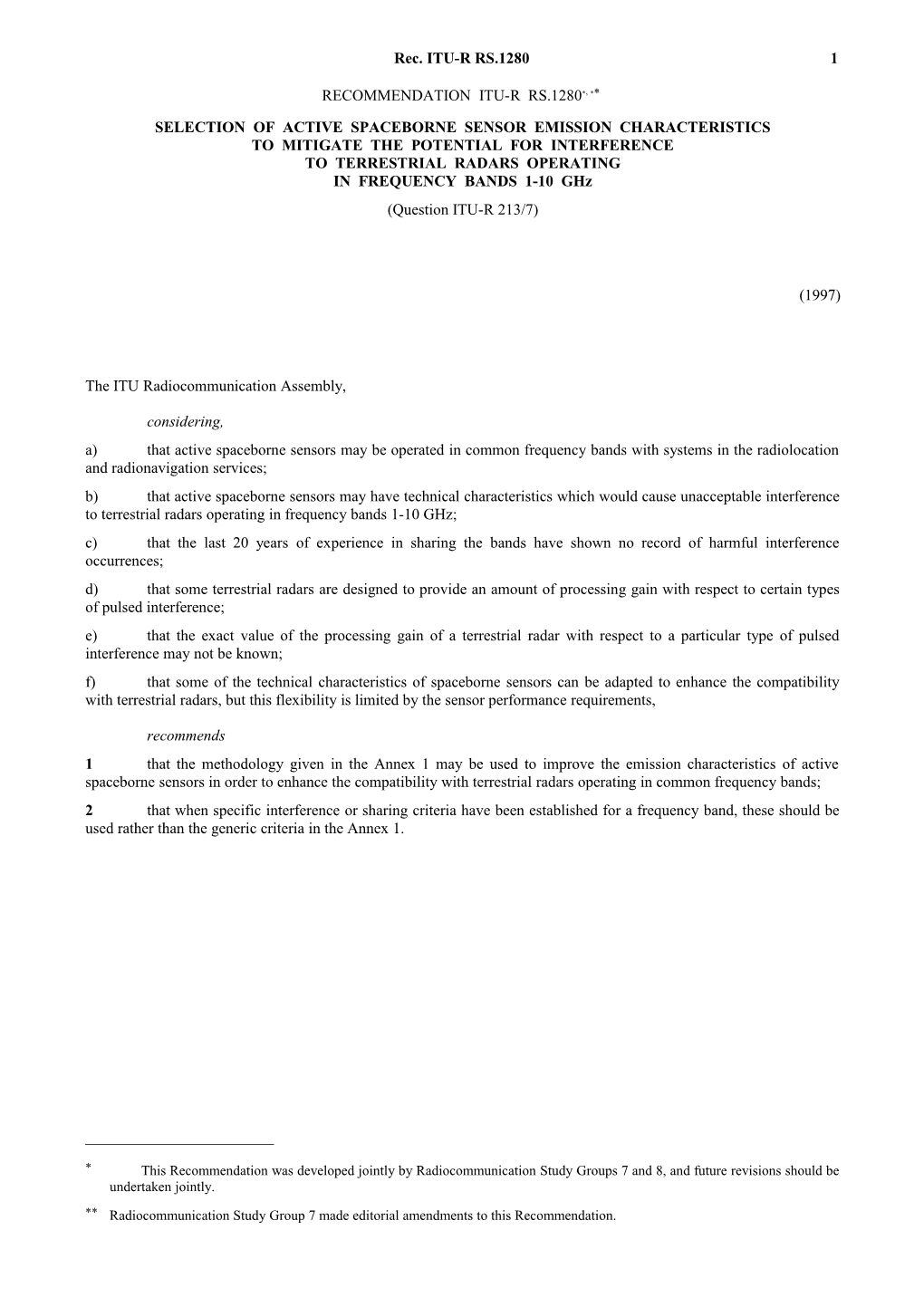 SA.1280 - Selection of Active Spaceborne Sensor Emission Characteristics to Mitigate The