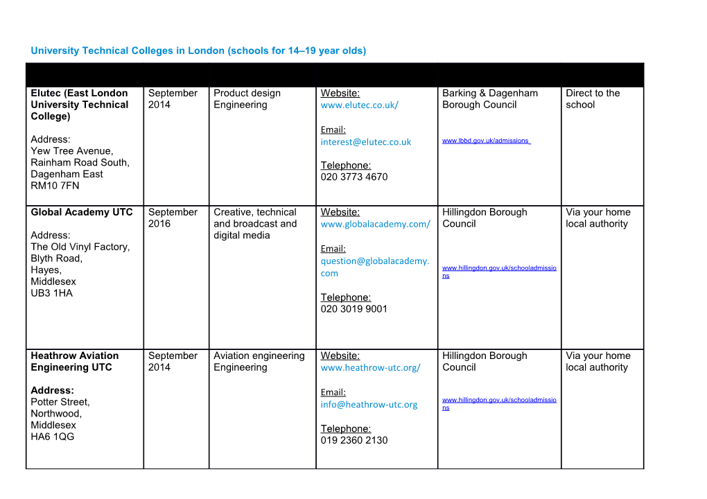 University Technical Colleges in London (Schools for 14 19 Year Olds)