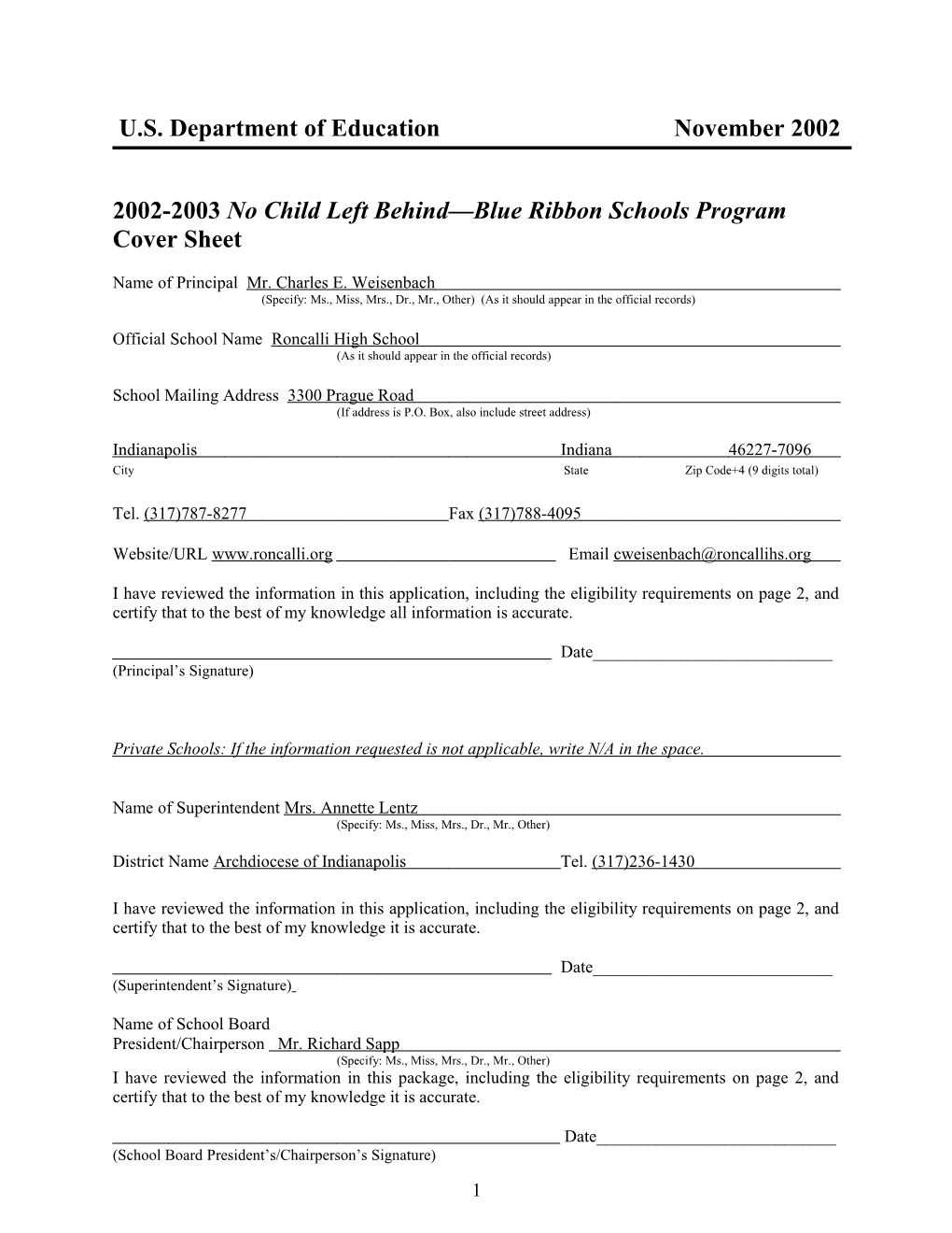 Roncalli High School 2003 No Child Left Behind-Blue Ribbon School (Msword)