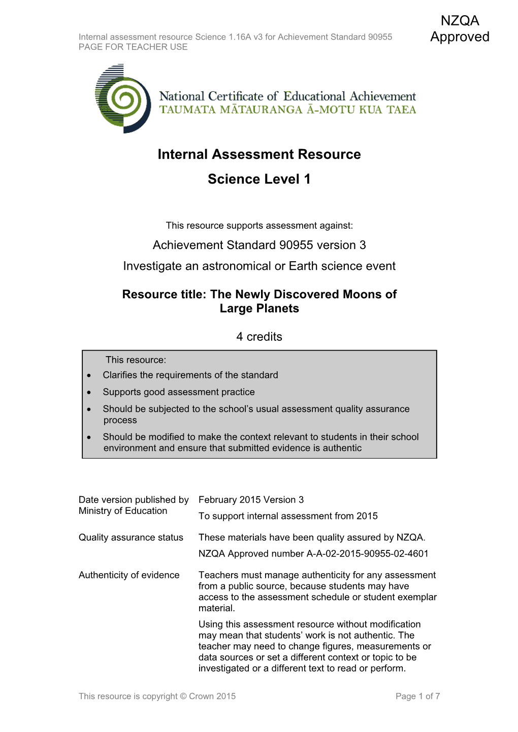 Level 1 Internal Assessment Resource