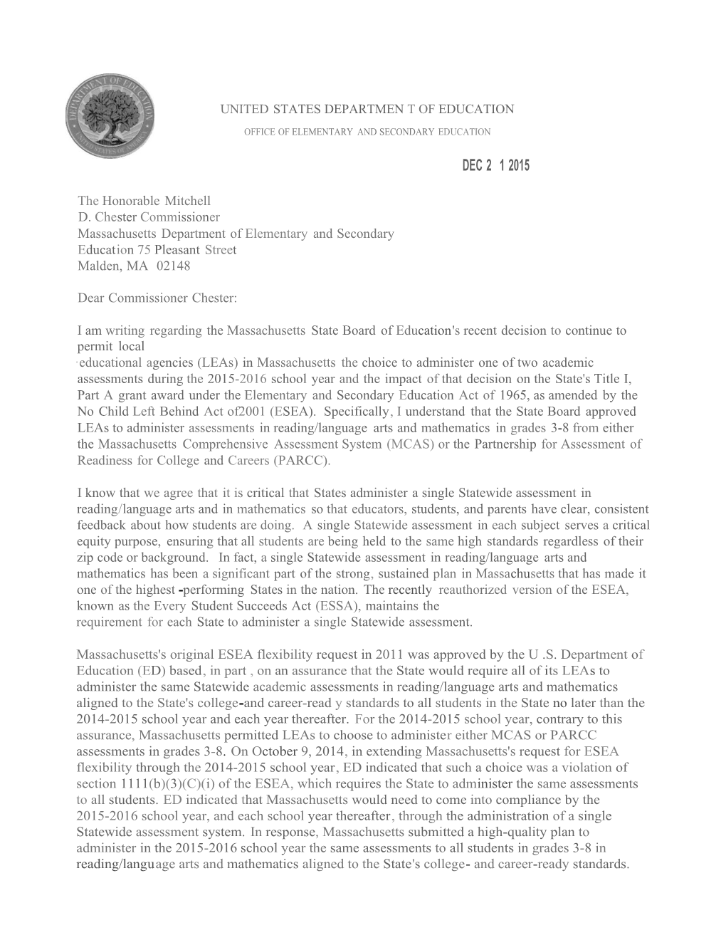 US Department of Education Letter to M.Chester, Dec 21, 2015