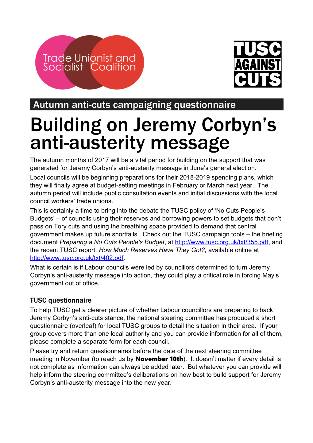 Autumn Anti-Cuts Campaigning Questionnaire