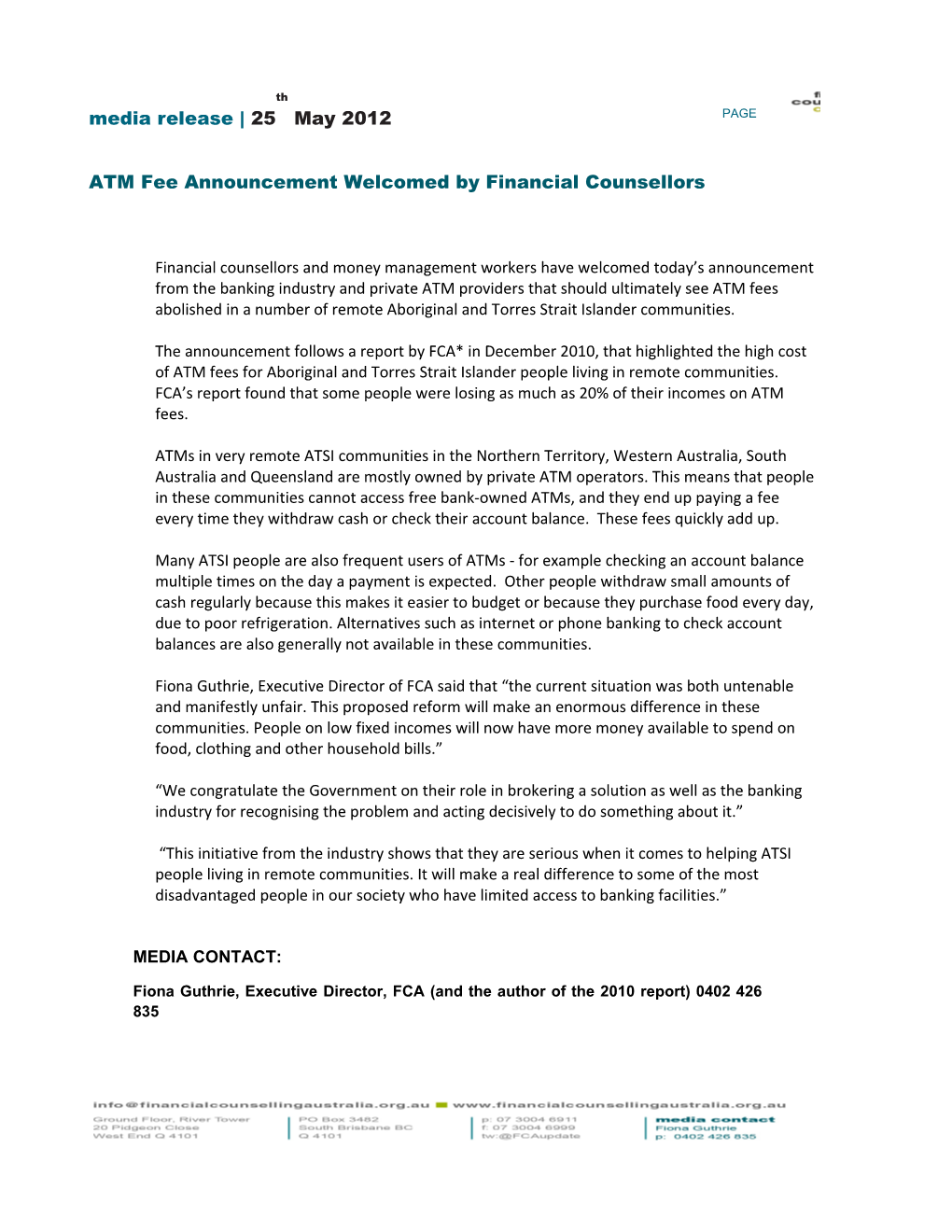 ATM Fee Announcement Welcomed by Financial Counsellors