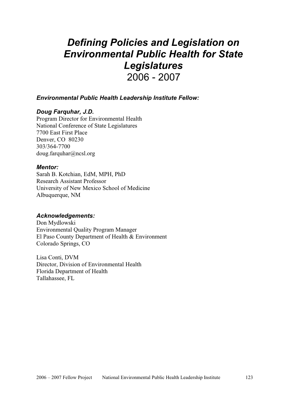 Defining Policies and Legislation on Environmental Public Health for State Legislatures