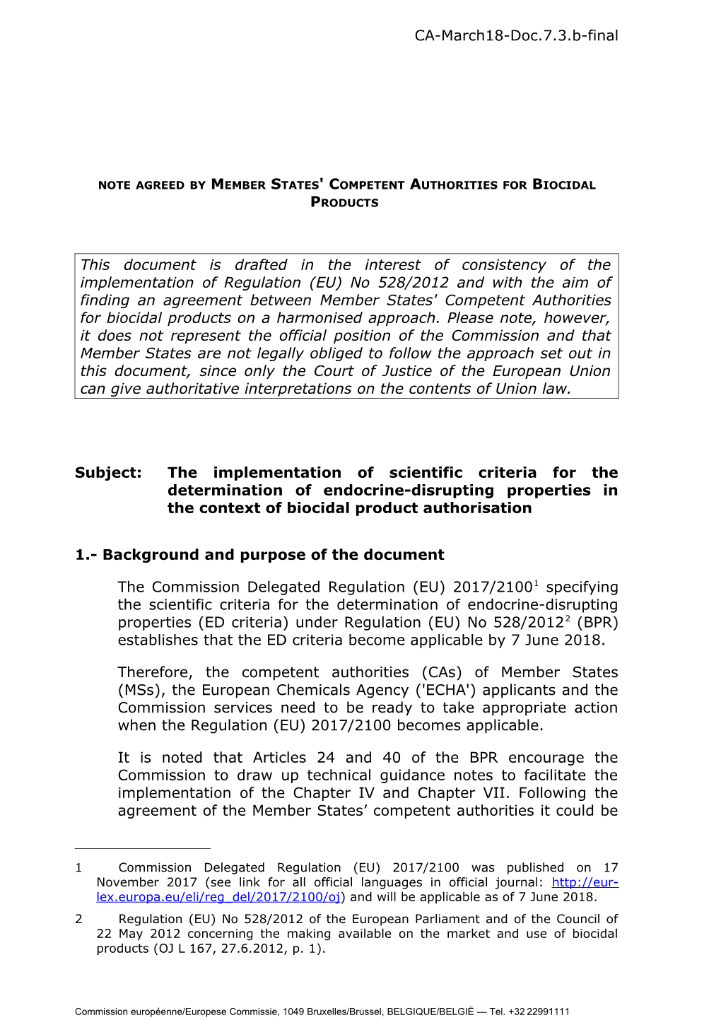 Note Agreed by Member States' Competent Authorities for Biocidal Products