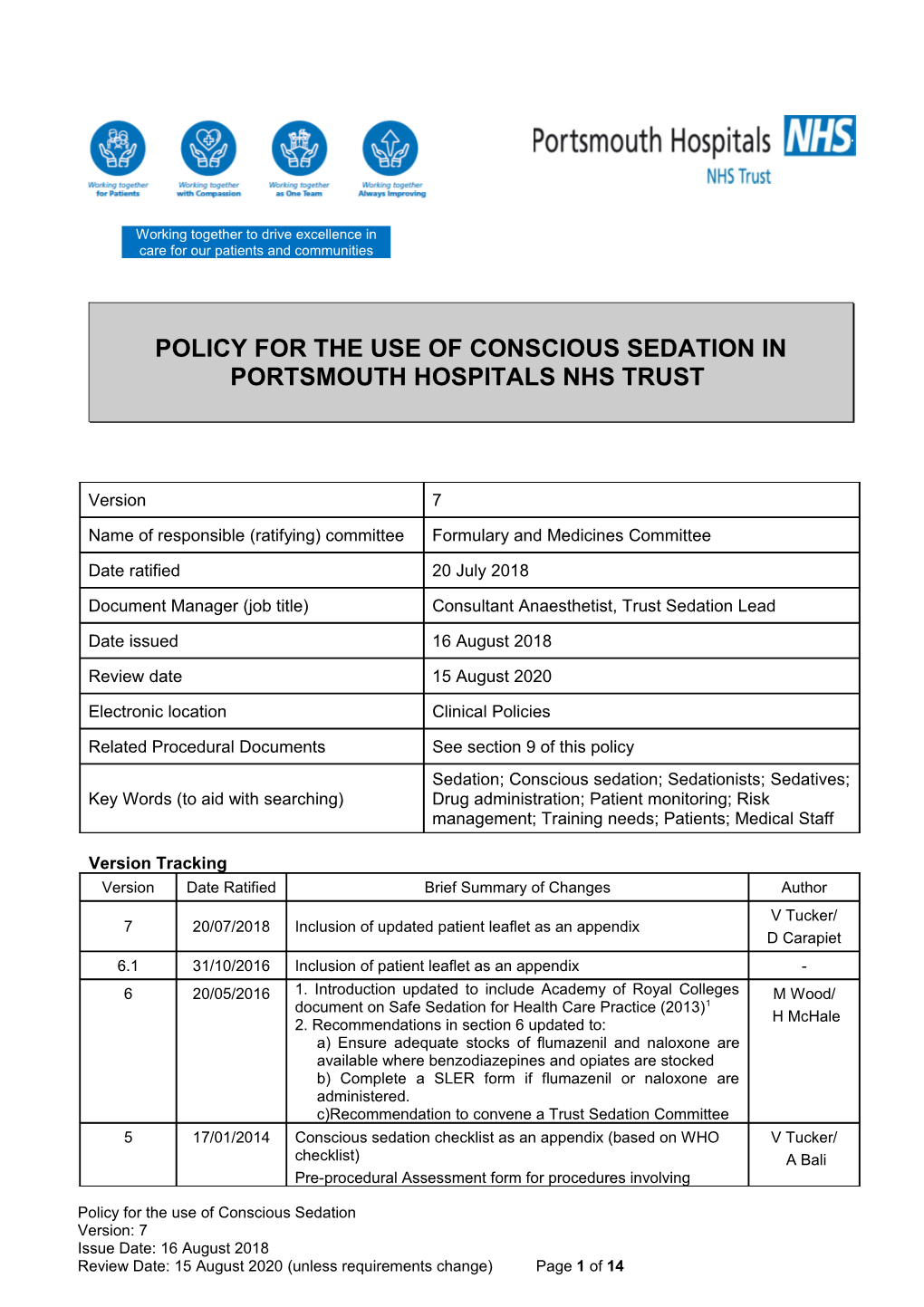 Policy for the Use of Conscious Sedation in Portsmouth Hospitals Nhs Trust