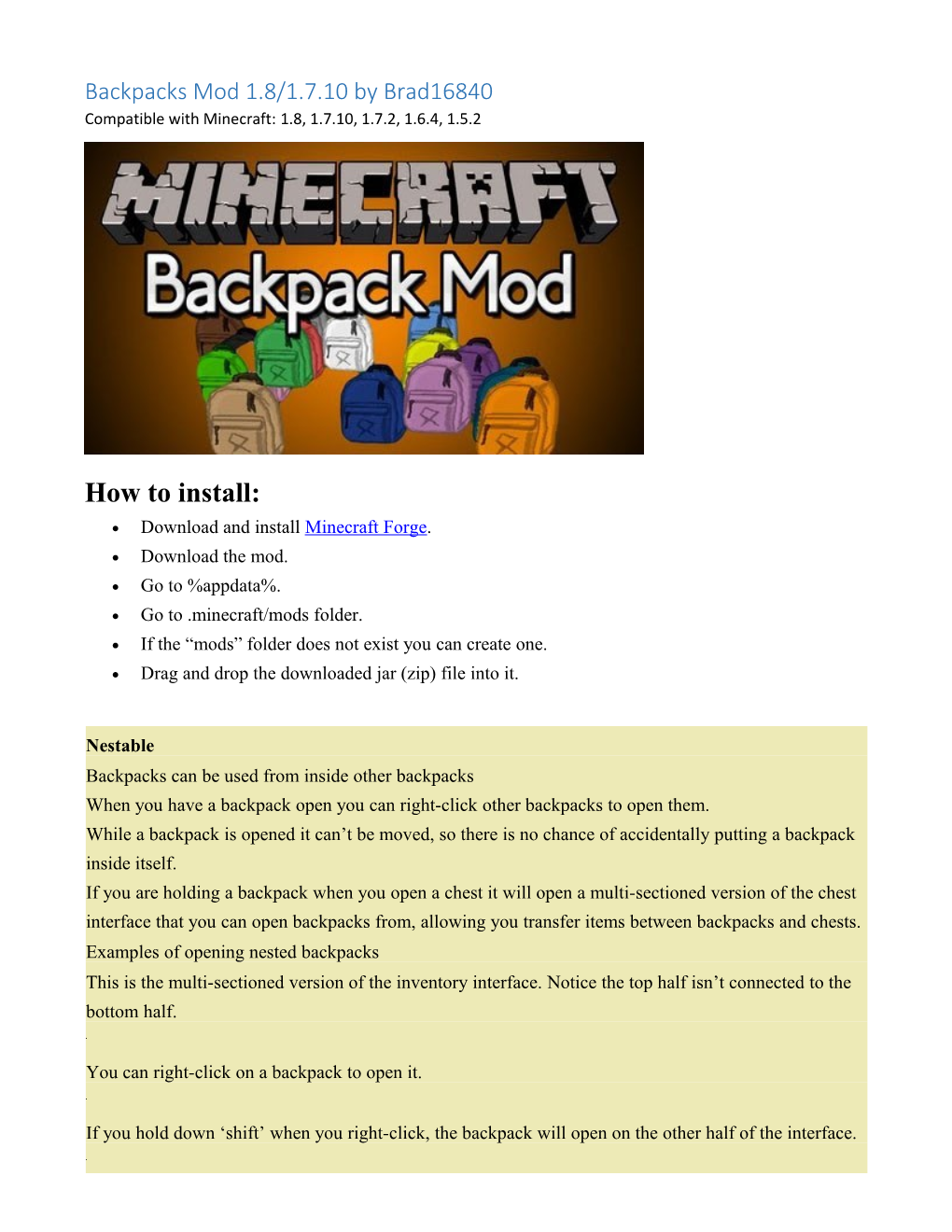 Backpacks Mod 1.8/1.7.10 by Brad16840
