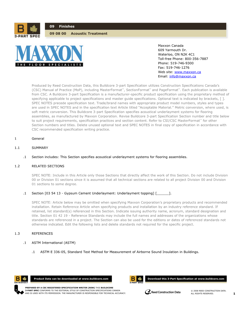 Maxxon Canada 09 80 00 Acoustic Treatment Specification