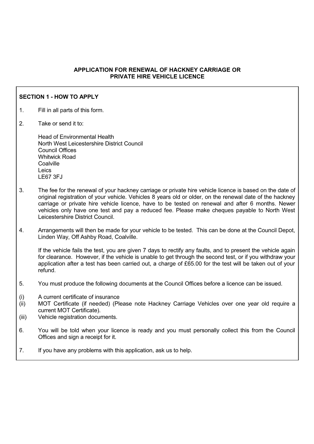 Application for Renewal of Hackney Carriage Or
