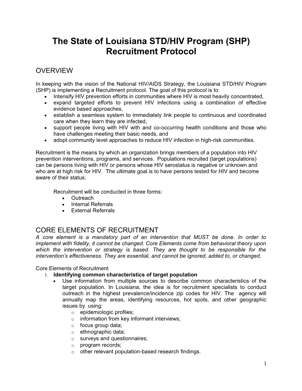 The State of Louisiana STD/HIV Program (SHP) Recruitment Protocol