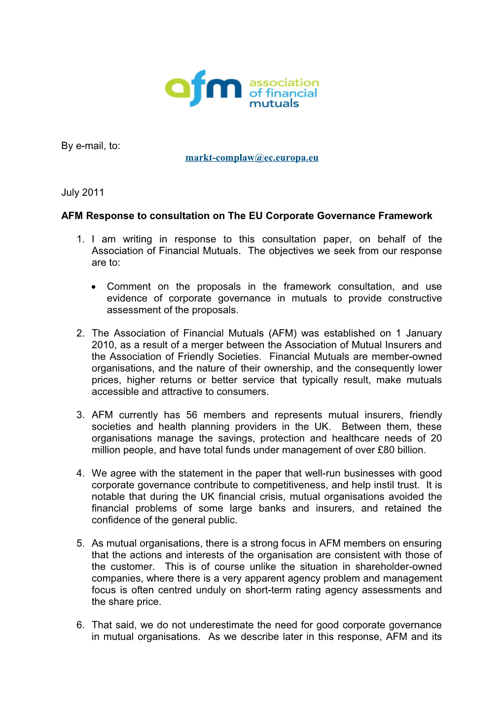 AFM Response to Consultation on the EU Corporate Governance Framework